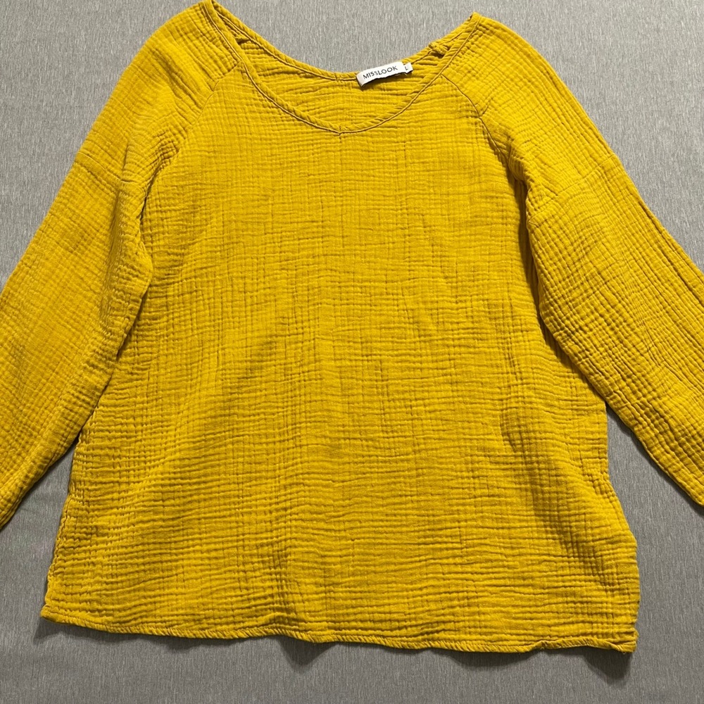 Misslook Blouse Womens Large Mustard Yellow Gauze Crinkle Top Boho Minimalist - Picture 7 of 7